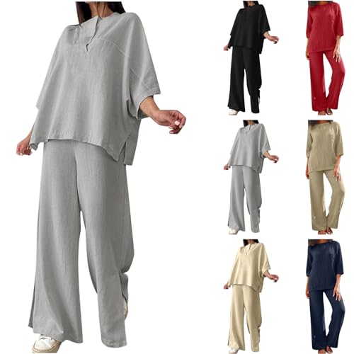 XINYUNZU Damen Zweiteiler Leinen Set Sommer Lose Freizeitanzug Outfit Sommer Casual Einfarbig Hosenanzug Leinenanzug Kurzarm T-Shirt und Leinenhose Leicht Loungewear Set Blitzangebote Grau 4XL von XINYUNZU