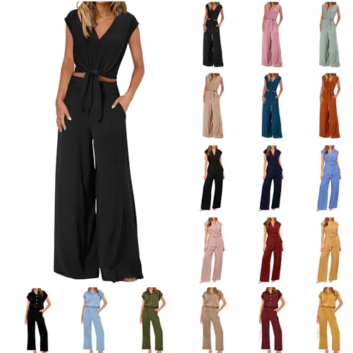 XINYUNZU Damen Zweiteiler Outfit Sommer 2 Teiler Hosenanzug Elegant Set Frauen Freizeitanzug High Waist Hose und Oberteile Leicht Einfarbig Loungewear Streetwear Gutschein Schwarz M von XINYUNZU