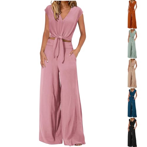 XINYUNZU Damen Zweiteiler Outfit Sommer 2 Teiler Hosenanzug Elegant Set Frauen Freizeitanzug High Waist Hose und Oberteile Leicht Einfarbig Loungewear Streetwear Tiktok Trend Rosa S von XINYUNZU