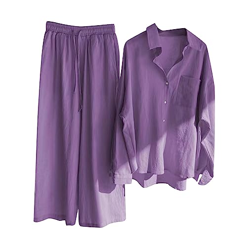 XINYUNZU Deals of The Day Damen Zweiteiler Sommer Outfits Bluse Langarm mit Taschen+ Leinenhose Baggy Leichte Freizeitanzug Baumwolle Leinen Set Einfarbig Hausanzug für Frauen Lila XXL von XINYUNZU