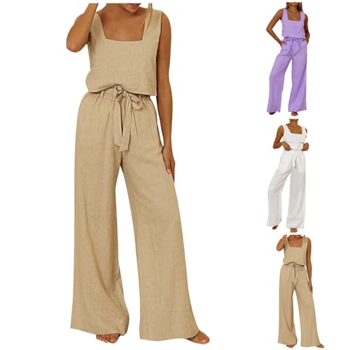 XINYUNZU Geschenkgutscheine Amazon Essentials Zweiteiler Damen Leinen Set Tank Top und Baggy Leinenhose Leicht Sommer Outfits Hausanzug Freizeitanzug Streatwear Hosenanzug Elegant Khaki M von XINYUNZU