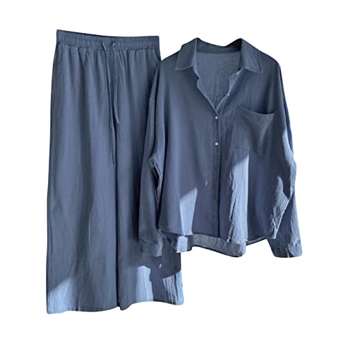 XINYUNZU Gutschein Damen Zweiteiler Sommer Outfits Bluse Langarm mit Taschen+ Leinenhose Baggy Leichte Freizeitanzug Baumwolle Leinen Set Einfarbig Hausanzug für Frauen Blau XL von XINYUNZU