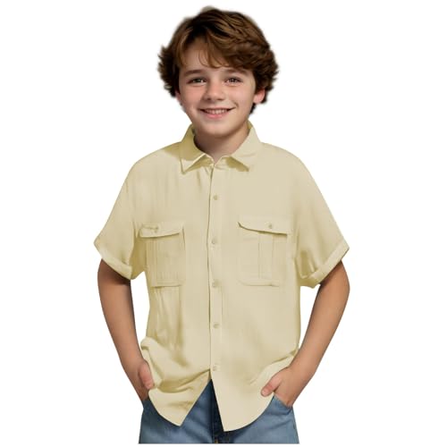 XINYUNZU Hemd Jungen Kurzarm Baumwolle Leinenhemd Leichtes Sommerhemd Kurzarmhemd Einfarbig Freizeithemd mit Taschen Casual Shirt Outdoor Hemden für Kinder Gelb 13 Jahre von XINYUNZU