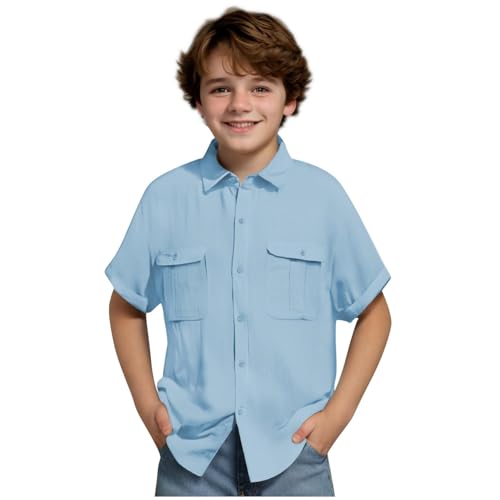 XINYUNZU Hemd Jungen Kurzarm Baumwolle Leinenhemd Leichtes Sommerhemd Kurzarmhemd Einfarbig Freizeithemd mit Taschen Casual Shirt Outdoor Hemden für Kinder Hellblau 13 Jahre von XINYUNZU