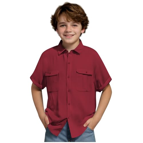 XINYUNZU Hemd Jungen Kurzarm Baumwolle Leinenhemd Leichtes Sommerhemd Kurzarmhemd Einfarbig Freizeithemd mit Taschen Casual Shirt Outdoor Hemden für Kinder Rot 7 Jahre von XINYUNZU