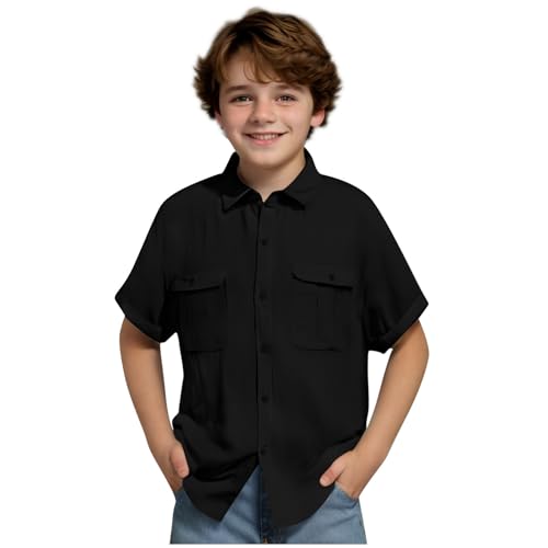XINYUNZU Hemd Jungen Kurzarm Baumwolle Leinenhemd Leichtes Sommerhemd Kurzarmhemd Einfarbig Freizeithemd mit Taschen Casual Shirt Outdoor Hemden für Kinder Schwarz 13 Jahre von XINYUNZU