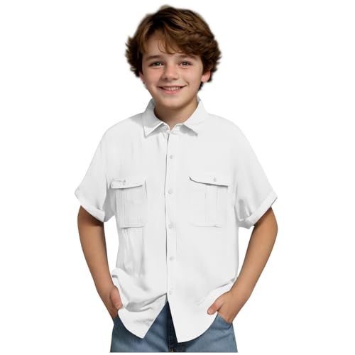 XINYUNZU Hemd Jungen Kurzarm Baumwolle Leinenhemd Leichtes Sommerhemd Kurzarmhemd Einfarbig Freizeithemd mit Taschen Casual Shirt Outdoor Hemden für Kinder Weiß 13 Jahre von XINYUNZU
