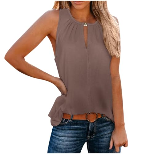 XINYUNZU Heute Angebote des Tages Heute Deal Damen Tank Top Ärmellose Oberteile Sommer Casual V-Ausschnitt Tanktops Frauen Basic Tshirt Leichte Einfarbig Blusentop Patchwork Oberteil Braun XL von XINYUNZU