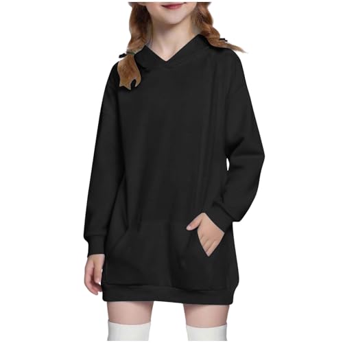 XINYUNZU Hoodie Mädchen Kapuzenpullover Lang Einfarbig Sweatshirt mit Kapuze & Tasche Lange Kuschelhoodie Warm Casual Oberteile Pullover Sweatshirts Kinder und Teenager Schwarz 13 Jahre von XINYUNZU