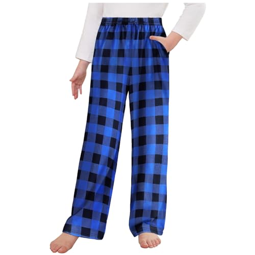 XINYUNZU Hosen für Mädchen Karierte Freizeithose mit Taschen Kinder Pyjama Hose Elastische Taille Schlafanzughose Girls Pants Lässige Baggy Hose 4-14 Jahre Alt Outlet Angebote Blau 12 Jahre von XINYUNZU