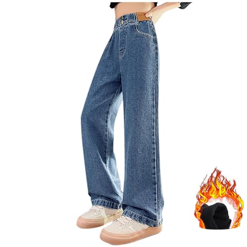 XINYUNZU Jeans Mädchen Fleece Gefüttert Jeanshosen Warm Elastische Taille Wide Leg Jeans Winterhose Kinder Breite Hose Jeans Teenager Mädchen Freizeit Hosen Winter Deals of The Day Blau 10 Jahre von XINYUNZU