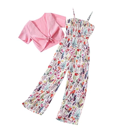 XINYUNZU Jumpsuit Teenager Mädchen Lang Ärmellos mit Bolero Kurzarm Mode Sommeroutfit Chiffon Spaghetti Träger Hosenanzug Blumen Kinderkleidung Klamotten für 13-16 Jahre Blitzangebote Rosa 14 Jahre von XINYUNZU