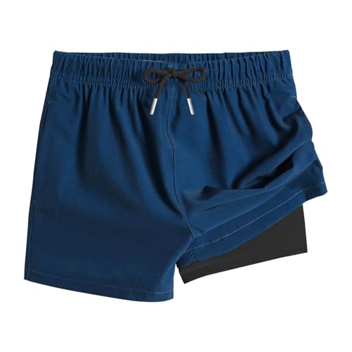 XINYUNZU Jungen Badehose 2 in 1 Shorts Badeshorts Schnelltrocknend Boardshorts Leichte Schwimmhose Kurz Bademode Strand Shorts Sommer Schwimmbekleidung für Kinder und Teenager Blau 10 Jahre von XINYUNZU