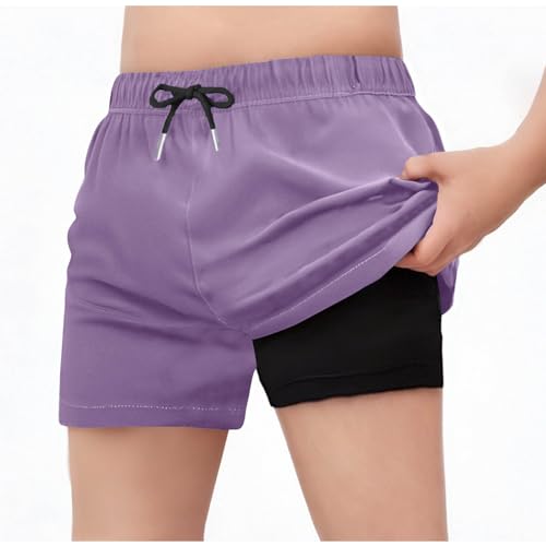 XINYUNZU Jungen Badehose 2 in 1 Shorts Badeshorts Schnelltrocknend Boardshorts Leichte Schwimmhose Kurz Bademode Strand Shorts Sommer Schwimmbekleidung für Kinder und Teenager Lila 8 Jahre von XINYUNZU