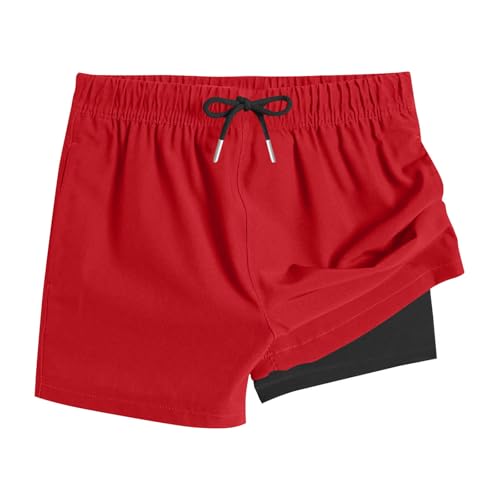 XINYUNZU Jungen Badehose 2 in 1 Shorts Badeshorts Schnelltrocknend Boardshorts Leichte Schwimmhose Kurz Bademode Strand Shorts Sommer Schwimmbekleidung für Kinder und Teenager Rot 4 Jahre von XINYUNZU