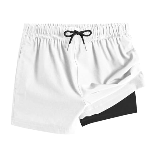 XINYUNZU Jungen Badehose 2 in 1 Shorts Badeshorts Schnelltrocknend Boardshorts Leichte Schwimmhose Kurz Bademode Strand Shorts Sommer Schwimmbekleidung für Kinder und Teenager Weiß 12 Jahre von XINYUNZU