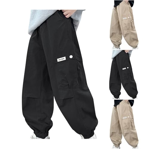 XINYUNZU Jungen Cargohose Baumwolle Dünne Outdoorhose Cargo Hose Freizeithose Sommerhose Boys Casual Pants Jogginghose mit Taschen Freizeit Sporthose Warehouse Deal Schwarz 13 Jahre von XINYUNZU