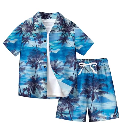 XINYUNZU Jungen Hawaii Hemd mit Shorts Sommer Outfit 2-Teilig Hawaiihemd und Elastische Taille Kurze Hose Set Casual Kinderkleidung Kurzarm Leicht Strand Bekleidungssets für Kinder Sale Blau 7 Jahre von XINYUNZU