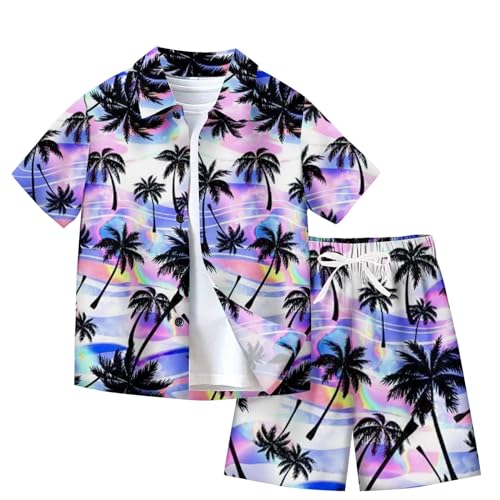 XINYUNZU Jungen Hawaii Hemd mit Shorts Sommer Outfit 2-Teilig Hawaiihemd und Kurze Hose Set Casual Kinderkleidung Kurzarm Leicht Strand Bekleidungssets für Kinder Angebot des Tages Lila 9 Jahre von XINYUNZU