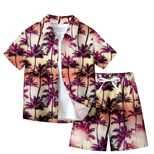 XINYUNZU Jungen Hawaii Hemd mit Shorts Sommer Outfit 2-Teilig Hawaiihemd und Kurze Hose Set Casual Kinderkleidung Kurzarm Leicht Strand Bekleidungssets für Kinder Angebote Braun 9 Jahre von XINYUNZU