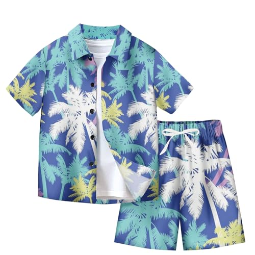 XINYUNZU Jungen Hawaii Hemd mit Shorts Sommer Outfit 2-Teilig Hawaiihemd und Kurze Hose Set Casual Kinderkleidung Kurzarm Leicht Strand Bekleidungssets für Kinder Outlet Angebote Blau 13 Jahre von XINYUNZU