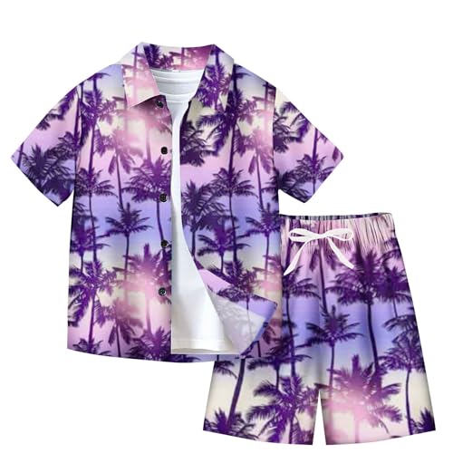 XINYUNZU Jungen Hawaii Hemd mit Shorts Sommer Outfit 2-Teilig Hawaiihemd und Kurze Hose Set Casual Kinderkleidung Kurzarm Leicht Strand Bekleidungssets für Kinder Outlet Angebote Sale Lila 7 Jahre von XINYUNZU