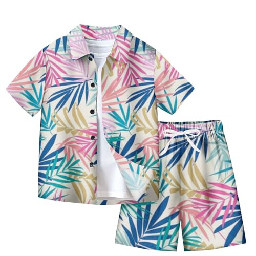 XINYUNZU Jungen Hawaii Hemd mit Shorts Sommer Outfit 2-Teilig Hawaiihemd und Kurze Hose Set Casual Kinderkleidung Kurzarm Leicht Strand Bekleidungssets für Kinder Outlet Shop Sale Rosa 13 Jahre von XINYUNZU