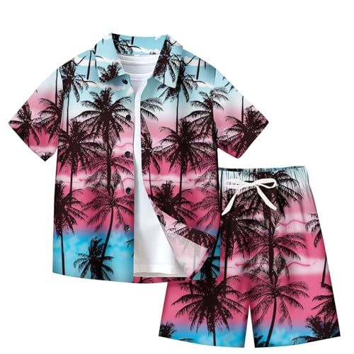 XINYUNZU Jungen Hawaii Hemd mit Shorts Sommer Outfit 2-Teilig Hawaiihemd und Kurze Hose Set Casual Kinderkleidung Kurzarm Leicht Strand Bekleidungssets für Kinder Sale Angebote Pink 13 Jahre von XINYUNZU