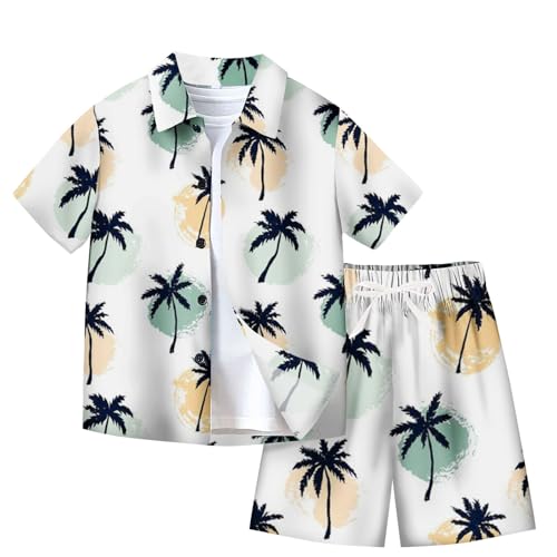 XINYUNZU Jungen Hawaii Hemd mit Shorts Sommer Outfit 2-Teilig Hawaiihemd und Kurze Hose Set Casual Kinderkleidung Kurzarm Leicht Strand Bekleidungssets für Kinder Sale Angebote Weiß 9 Jahre von XINYUNZU