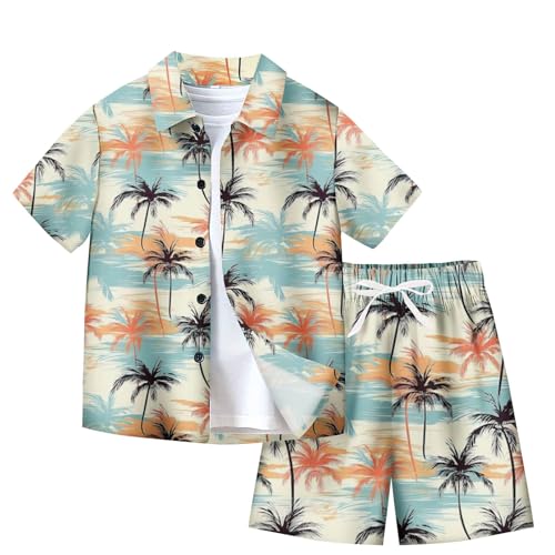 XINYUNZU Jungen Hawaii Hemd mit Shorts Sommer Outfit 2-Teilig Hawaiihemd und Kurze Hose Set Casual Kinderkleidung Kurzarm Leicht Strand Bekleidungssets für Kinder Warehouse Deal Khaki 9 Jahre von XINYUNZU