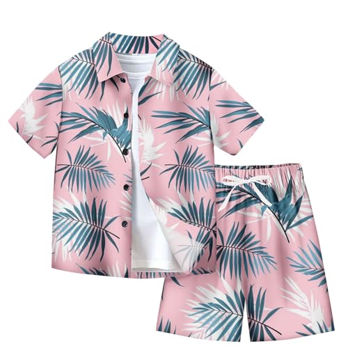 XINYUNZU Jungen Hawaii Hemd mit Shorts Sommer Outfit 2-Teilig Hawaiihemd und Kurze Hose Set Casual Kinderkleidung Kurzarm Leicht Strand Bekleidungssets für Kinder Warehouse Rosa 10 Jahre von XINYUNZU