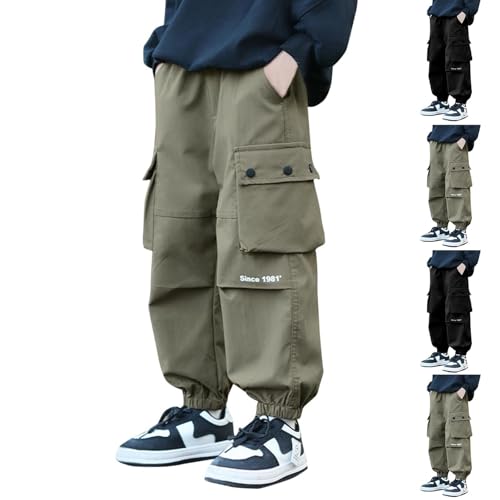 XINYUNZU Jungen Hose Baumwolle Jogginghose Baggy Cargohose Kinder Sporthose Outdoorhose Frühling Sweatpants Track Pants Elastische Taille Freizeithose Outlet Angebote Armeegrün 12 Jahre von XINYUNZU