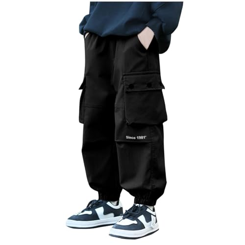 XINYUNZU Jungen Hose Baumwolle Jogginghose Baggy Cargohose Kinder Sporthose Outdoorhose Frühling Sweatpants Track Pants Elastische Taille Freizeithose Warehouse Schwarz 8 Jahre von XINYUNZU