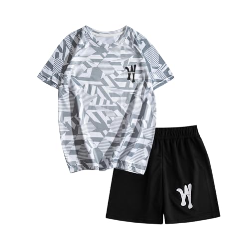 XINYUNZU Jungen Jogginganzug Kurz Sommer Sportanzug Schnelltrocknend Sport T-Shirt und Shorts Set Trainingsanzug Kinder Mode Sportkleidung Activewear Tracksuit Sale Grau 11 Jahre von XINYUNZU