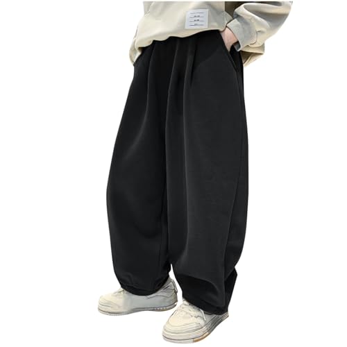 XINYUNZU Jungen Jogginghose Baggy Baumwolle Fleece Gefütterte Sporthose Kinder Warm Outdoor Breite Hose Freizeithose Teenager Casual Sweatpants Winterhose Warehouse Schwarz 12 Jahre von XINYUNZU