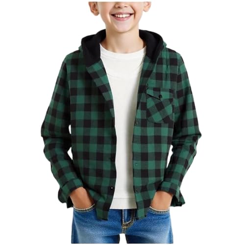 XINYUNZU Jungen Karierte Hemd mit Kapuze, Knopfleiste Flanellhemd Hoodie Jacke Leichte Kapuzenhemd Langarm Button-Down Hemdjacke Hemden für Kinder und Teenager Grün 7 Jahre von XINYUNZU