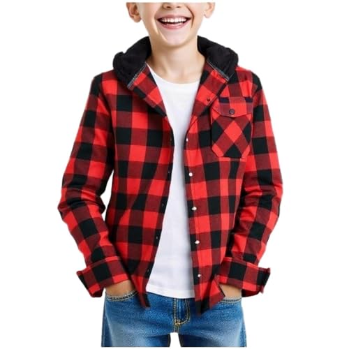XINYUNZU Jungen Karierte Hemd mit Kapuze, Knopfleiste Flanellhemd Hoodie Jacke Leichte Kapuzenhemd Langarm Button-Down Hemdjacke Hemden für Kinder und Teenager Rot 13 Jahre von XINYUNZU