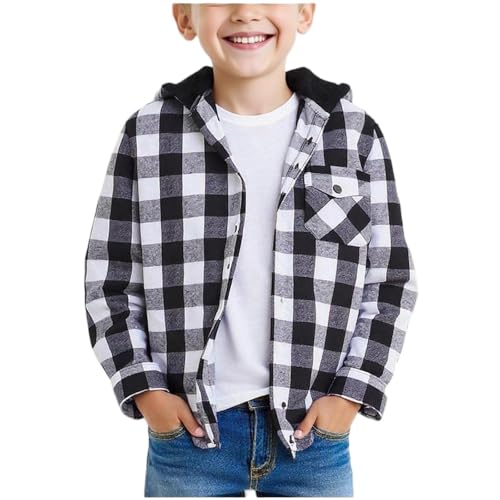 XINYUNZU Jungen Karierte Hemd mit Kapuze, Knopfleiste Flanellhemd Hoodie Jacke Leichte Kapuzenhemd Langarm Button-Down Hemdjacke Hemden für Kinder und Teenager Schwarz 9 Jahre von XINYUNZU