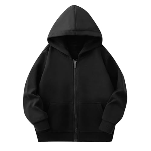 XINYUNZU Jungen Mädchen Sweatjacke Baumwolle Hoodie Jacke mit Reißverschluss Kapuzenpullover Einfarbig Outdoor Kapuzenjacke für Kinder Sweatshirt Herbstjacke Übergangsjacke Schwarz 11-12 Jahre von XINYUNZU