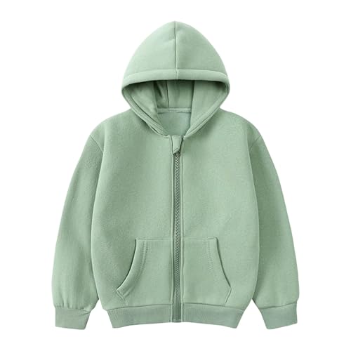 XINYUNZU Kinder Kapuzenjacke Baumwolle Fleece Thermo Hoodie Einfarbig Sweatjacke mit Taschen Sweatshirt Jacke Warm Kapuzenpullover für Jungen und Mädchen 1-10 Jahre Alt Grün 120 von XINYUNZU