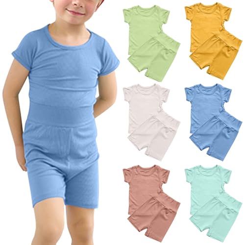 XINYUNZU Kinder Kleidung Set T-Shirt und High Waist Shorts Sommer Casual Zweiteiler Outfit Hausanzug Einfarbig Kinderkleidung Schlafanzug Bekleidungssets für Jungen und Mädchen Blau 4 Jahre von XINYUNZU
