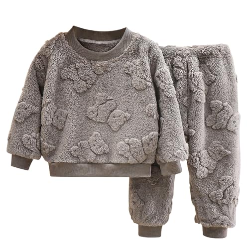 XINYUNZU Kinder Kleidung Thermo Langarmshirt und Thermohose 2 Teiler Hausanzug Flanell wearSet Kuschel Schlafanzug Flauschig Bekleidungsset Grau 4 Jahre von XINYUNZU