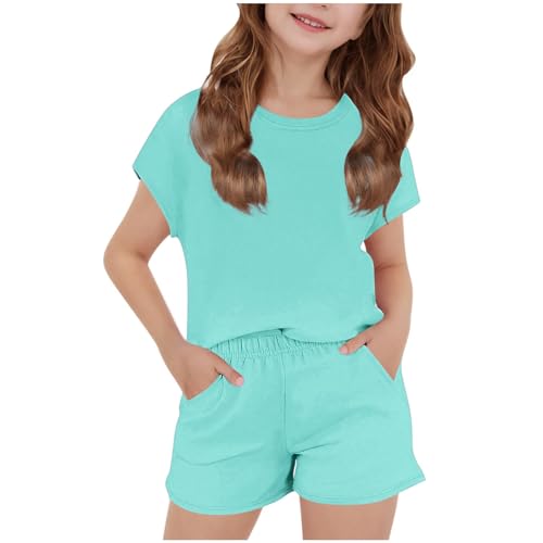 XINYUNZU Kinder Kleidung Tshirt mit Shorts Sommer Outfit Kurz Kinderkleidung Einfarbig Shirt + Kurze Hose Set Casual Klamotten Bekleidungssets für Mädchen und Jungen Grün 12 Jahre von XINYUNZU