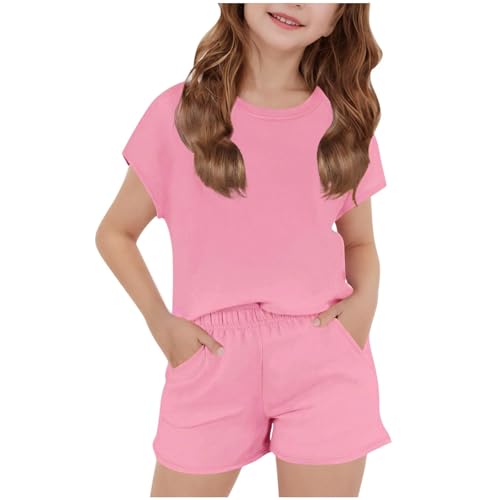 XINYUNZU Kinder Kleidung Tshirt mit Shorts Sommer Outfit Kurz Kinderkleidung Einfarbig Shirt + Kurze Hose Set Casual Klamotten Bekleidungssets für Mädchen und Jungen Rosa 9 Jahre von XINYUNZU