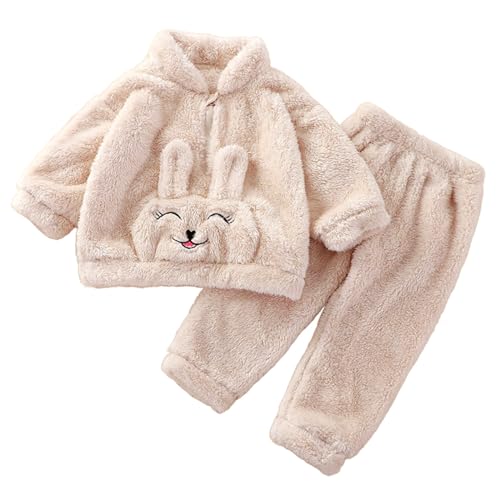 XINYUNZU Kinder Schlafanzug Mädchen Jungen Hausanzug Kuschel Hoodie und Pyjamahose Flauschig Thermoflanell Pyjama Set 2 Teiler Casual Outfit Süße Klamotten Beige 120 von XINYUNZU