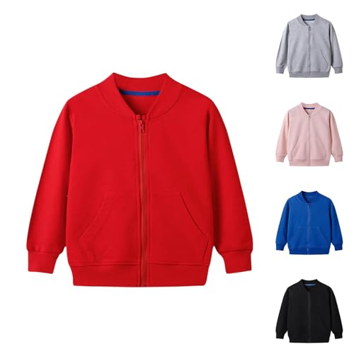 XINYUNZU Kinder Sweatjacke Baumwolle Sweatshirt Jacke mit Reißverschluss Laufjacke Unisex Sportjacke Mit Taschen Outdoor Jacken für Jungen und Mädchen 8-14 Jahre Alt Rot 110 von XINYUNZU