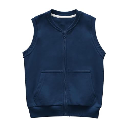 XINYUNZU Kinder Weste Mädchen Jungen Baumwolle Ärmellose Sweatshirt mit Reißverschluss Jacke Ohne Ärmel Einfarbig Outdoor Westen für 3-12 Jahre Sweatjacke Freizeitjacke Tanktops Marineblau 9 Jahre von XINYUNZU
