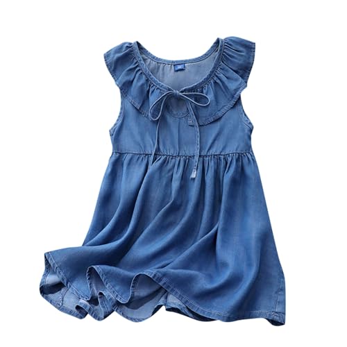 XINYUNZU Kleider Mädchen Ärmellos Jeanskleid mit Rüschen Mode Sommerkleid Freizeitkleid Cute Dress Girl Jeans-Kleid Kinderkleid Mädchenkleider Dunkelblau 9 Jahre von XINYUNZU