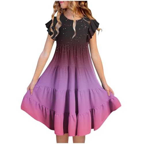 XINYUNZU Kleider für Mädchen Sommer Kleid mit Taschen Rüschenärmel Farbverlauf Sommerkleid Knielang Mädchenkleider Freizeitkleid für Kinder und Teenager Schwarz 10 Jahre von XINYUNZU