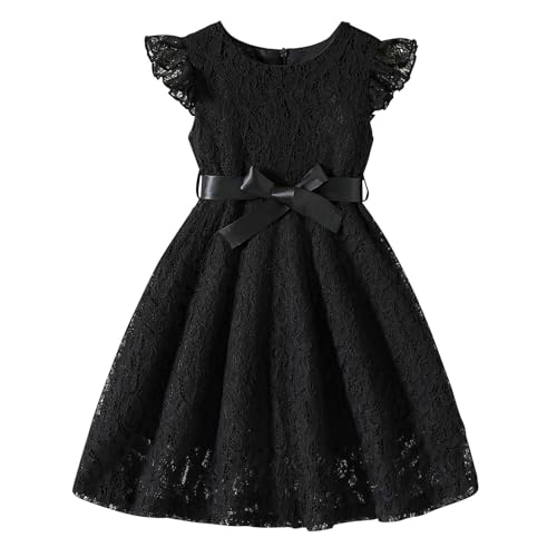 XINYUNZU Kleider für Mädchen Spitzenkleid Fliegenden Ärmeln Prinzessin Kleid mit Gürtel Festliches Kleid Blumenmädchenkleider Cute Dress Girl Sommerkleid Hochzeit Party Mädchenkleider Schwarz 5 Jahre von XINYUNZU
